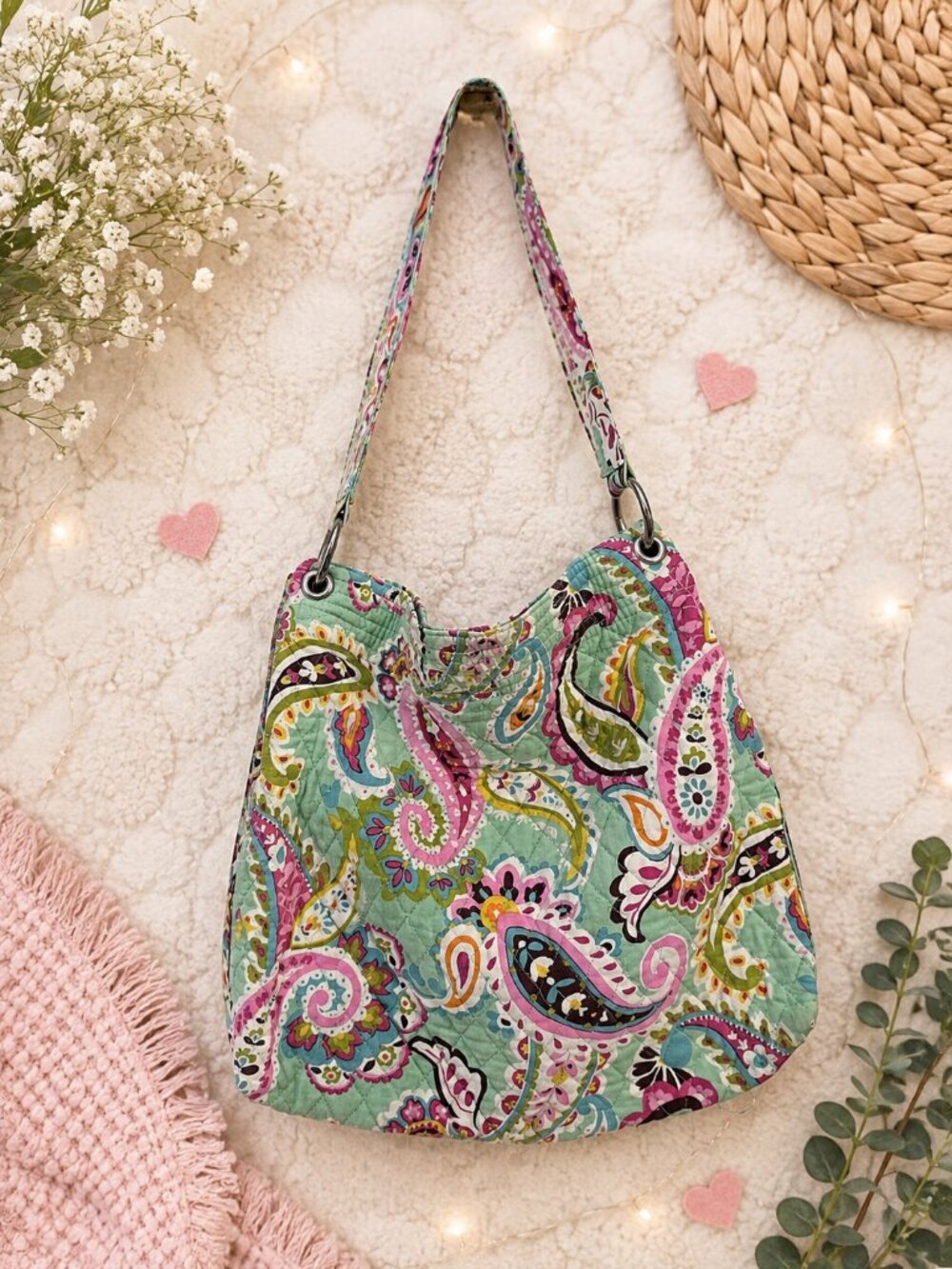 Vera Bradley Green Paisley Quilted Shoulder Bag Floral Hobo Purse
